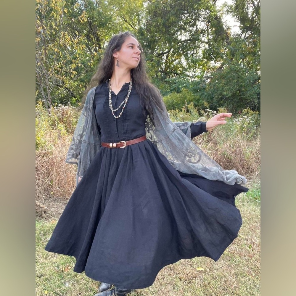 Black Cottagecore Linen Son De Flor Midi Dress Size Small